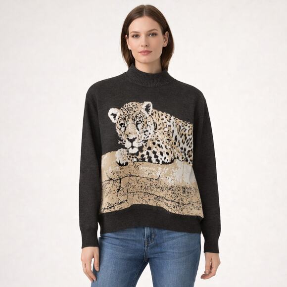 St. John Sweaters - St. John Gray Knit Cheetah Mock Neck Sweater size Medium Vintage